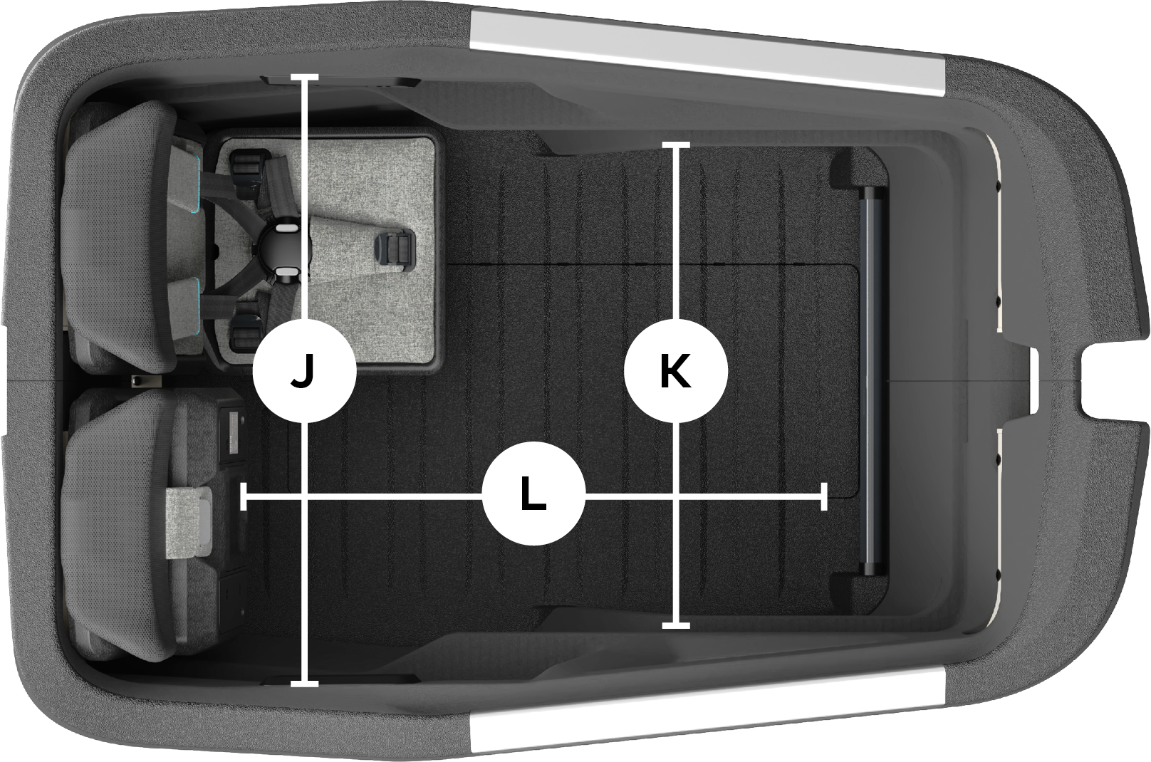 Ansicht von oben auf die Cargobox mit montierten Kindersitzen
                            und eingezeichneten Abmessungen des Laderaums.
                            Breite (vorne): 46 cm;
                            Breite (hinten): 56,5 cm;
                            Länge: 61,4 cm