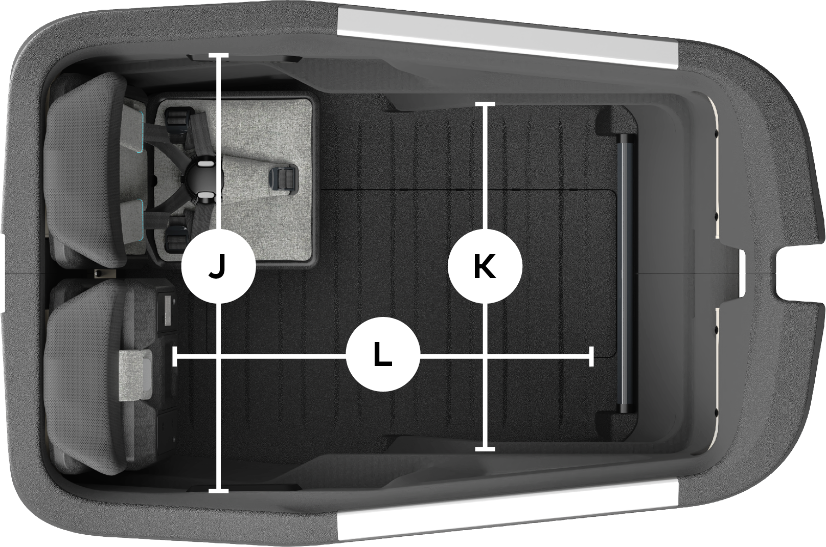 Ansicht von oben auf die Cargobox mit montierten Kindersitzen und eingezeichneten Abmessungen des Laderaums. Breite (vorne): 46 cm; Breite (hinten): 56,5 cm; Länge: 61,4 cm