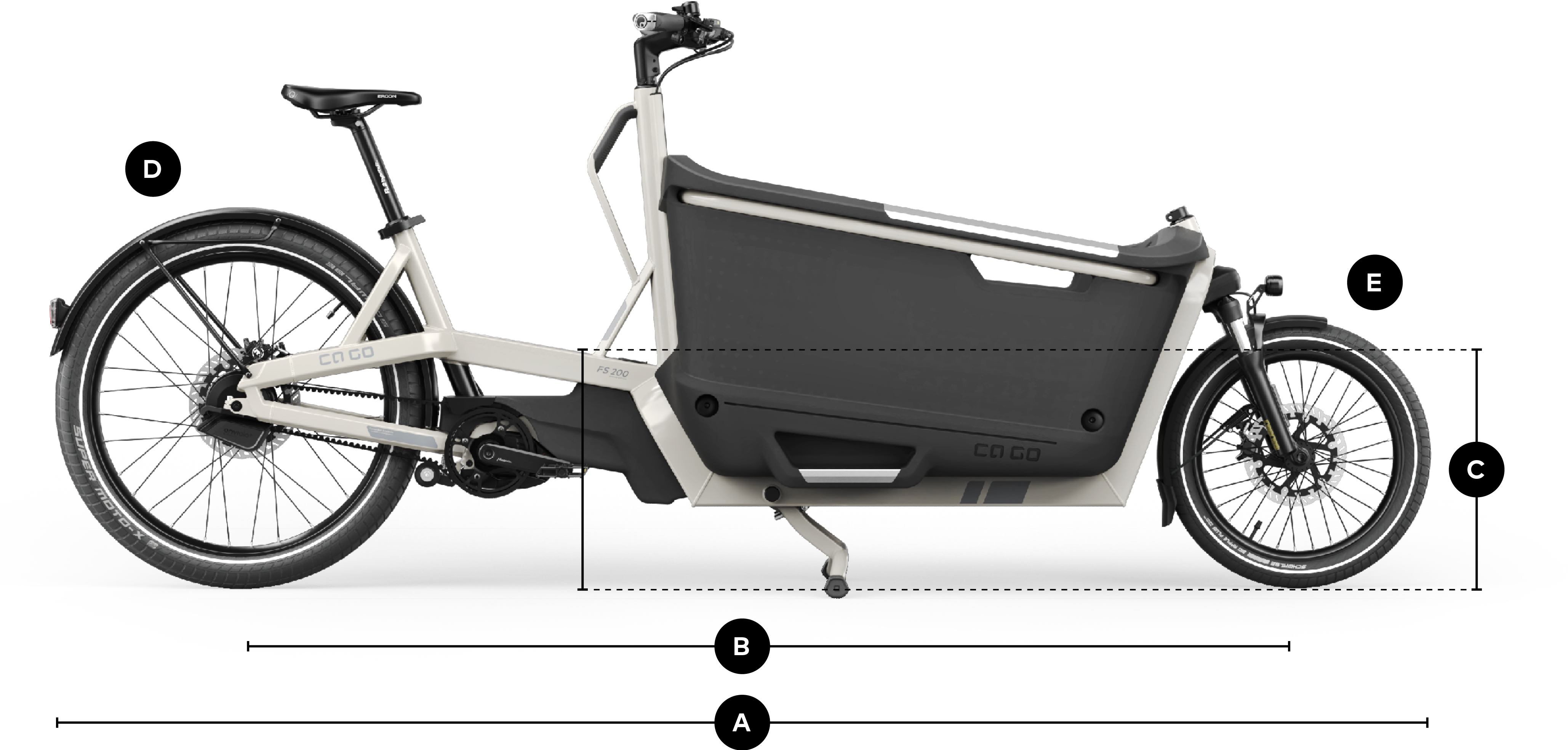 Seitenansicht des FS200 Life mit eingezeichneten Abmessungen.
                    Hinterrad: 27,5&Prime;;
                    Vorderad: 20&Prime;;
                    Durchstiegshöhe: 46,5 cm;
                    Radstand: 206,5 cm;
                    Länge: 207 cm