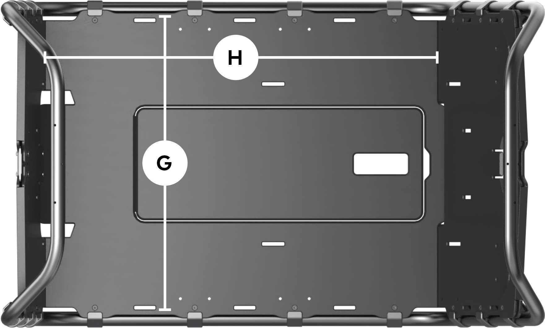 Ansicht von oben auf die Ladefläche
                        mit eingezeichneten Abmessungen.
                            Breite: 60 cm;
                            Länge: 75,5 cm