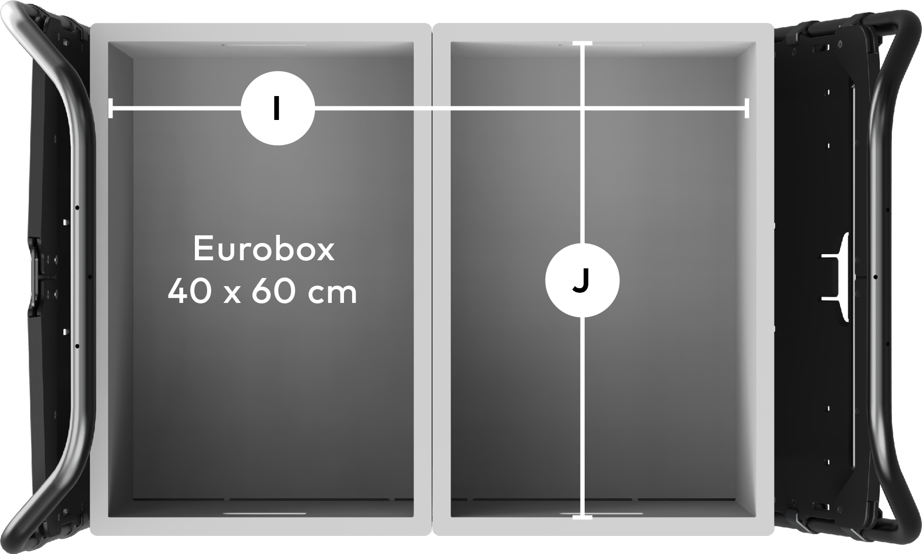 Ansicht von oben auf die Ladefläche.
                            Zwei 40 &times; 60 cm große Euroboxen liegen darauf,
                            darüber sind die Abmessungen des Laderaums eingezeichnet.
                            Breite: 60 cm;
                            Länge: 80 cm