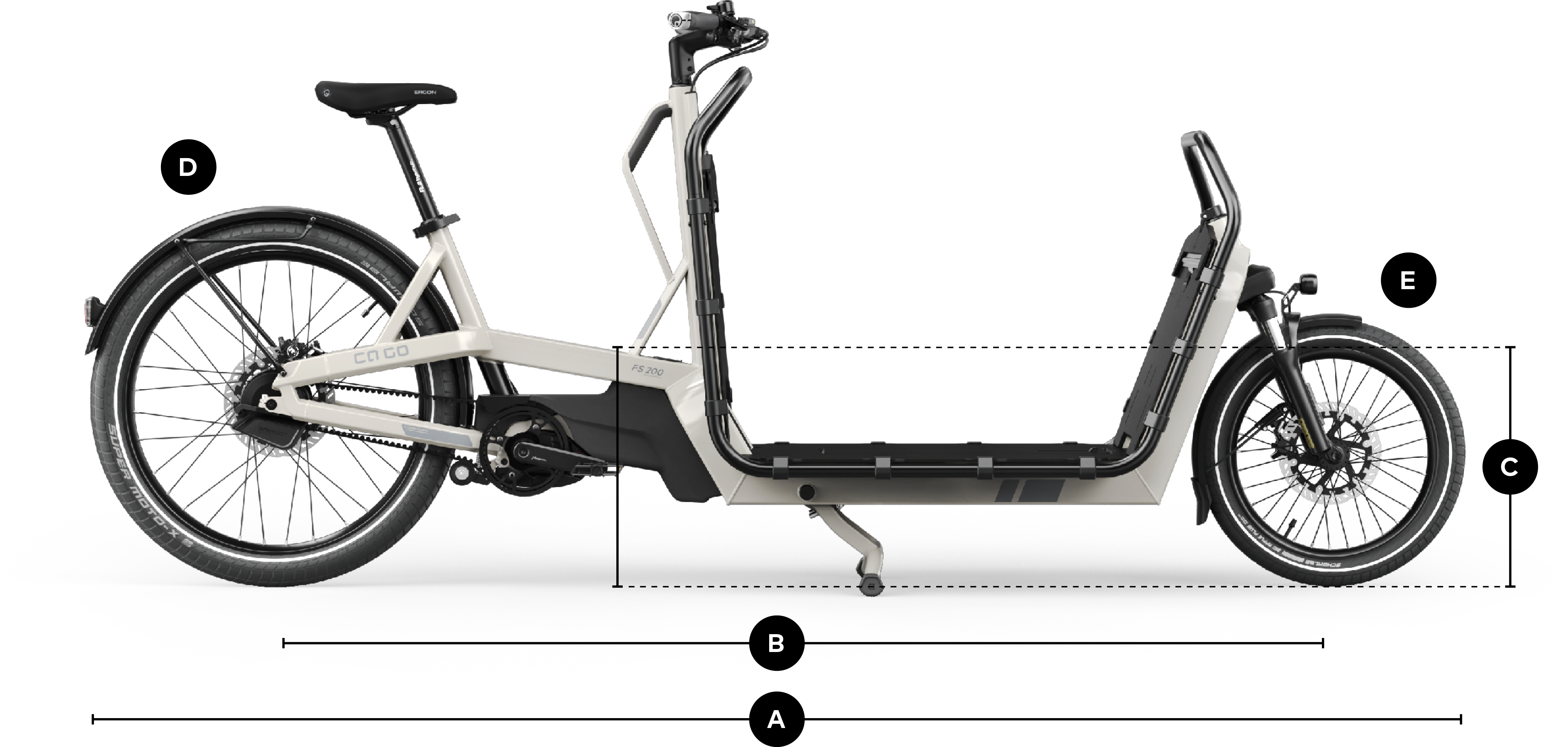 Seitenansicht des FS200 Life mit eingezeichneten Abmessungen.
                    Hinterrad: 27,5&Prime;;
                    Vorderad: 20&Prime;;
                    Durchstiegshöhe: 46,5 cm;
                    Radstand: 206,5 cm;
                    Länge: 207 cm