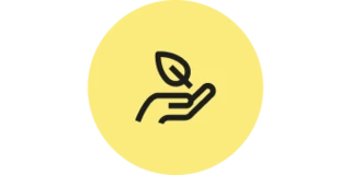 Schwarzer Umriss einer Hand mit einem Blatt darüber auf einem gelben Kreis