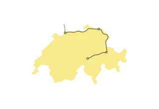 Umriss der Schweiz mit eingezeichnetem Verlauf des Rheinradwegs.