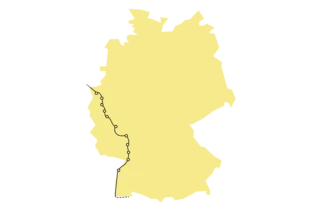 Umriss von Deutschland mit eingezeichnetem Verlauf des Rheinradwegs.