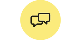 Schwarzer Umriss von zwei Sprechblasen auf einem gelben Kreis