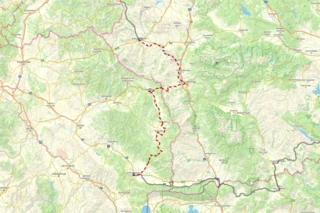 Verlauf des Eurovelo 13 in Bulgarien und Nordmazedonien auf einer Karte eingezeichnet