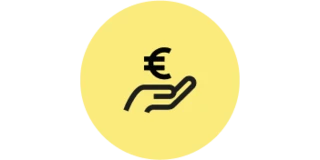 Schwarzer Umriss einer ausgestreckten Hand unter einem €-Zeichen auf einem gelben Kreis