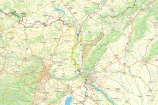 Verlauf des Eurovelo 13 in Österreich und der Slowakei auf einer Karte eingezeichnet