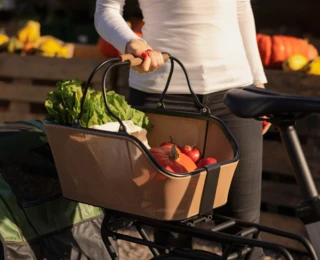 Eine Frau klemmt einen gefüllten Einkaufskorb an die Schnittstelle des Rear Rack eines CS.