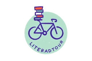 Literadtour Logo: Rennrad mit Bücherstapel auf dem Sattel vor einem mintfarbenen Hintergrund