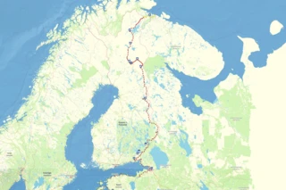 Verlauf des Eurovelo 13 in Norwegen, Finnland und Russland auf einer Karte eingezeichnet