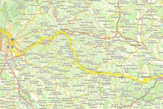 Verlauf des Eurovelo 14 von Graz bis Jennersdorf auf einer Karte eingezeichnet