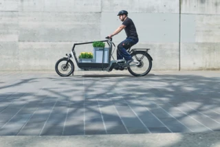 Mann fährt ein FS Vario, das mit Pflanzen beladen ist.